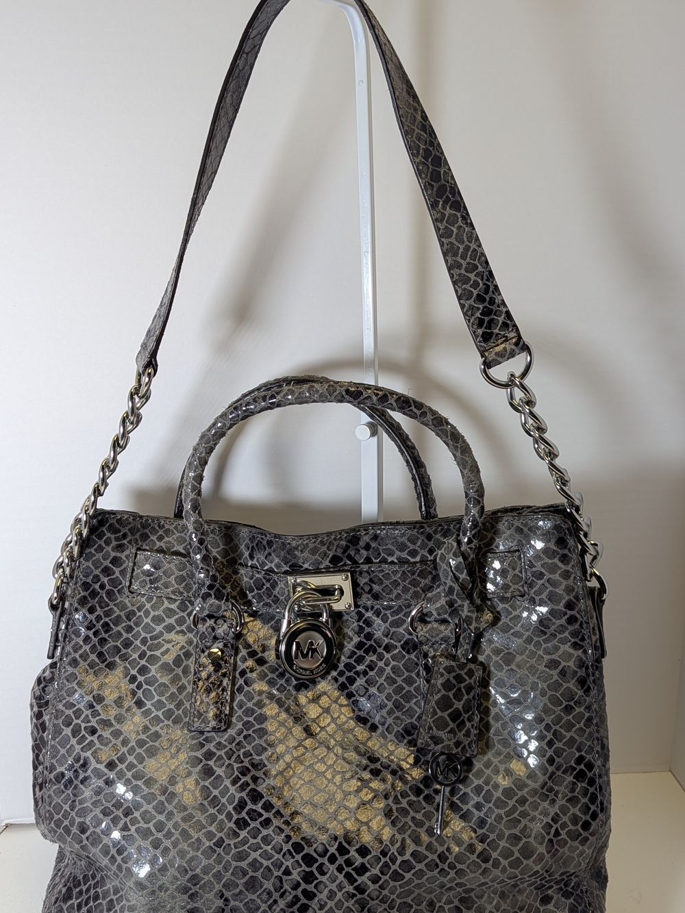 Michael Kors Large Hamilton Satchel Tote Bag Gray Python Snakeskin Print Silver